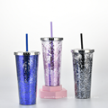 Glitter color acrylic cup Travel Coffee tumbler with lid and straw Double wall reusable Acrylic Plastic Shimmer Drink Tumbler